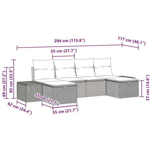 Градински Софа Комплект с възглавница 6 pcs Черно полиратан