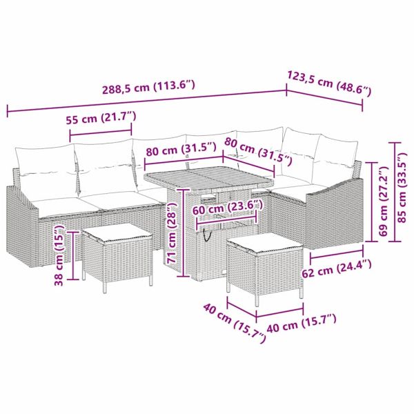 Градински Софа Комплект с възглавница 9 pcs Черно Полиратан