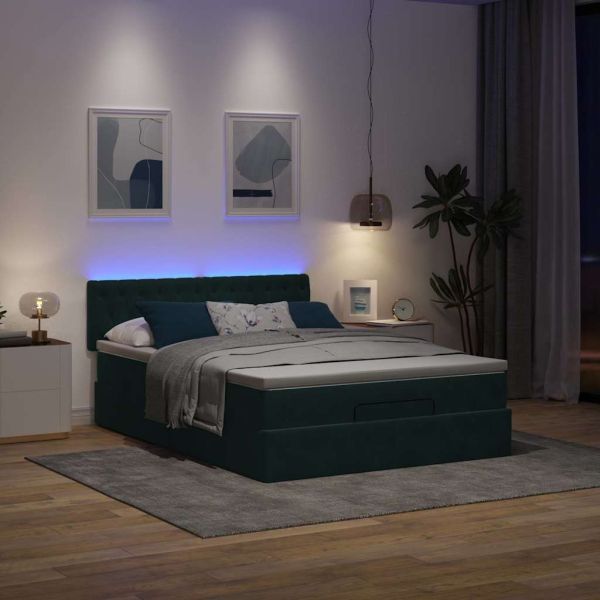 Османска легло с матрак и LED, тъмнозелено, 140x200 см, кадифе