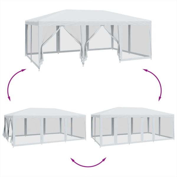 Парти палатка с 10 мрежести странични стени, бели, 6x4 м, HDPE
