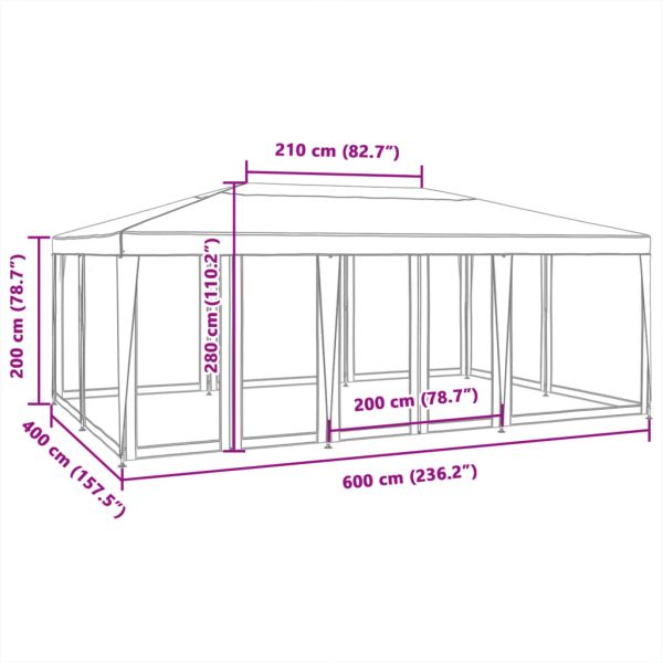 Парти палатка с 10 мрежести странични стени, бели, 6x4 м, HDPE