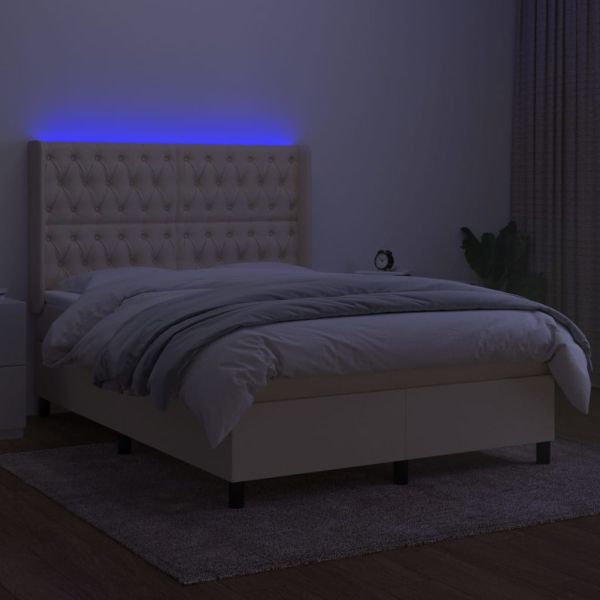 Боксспринг легло с матрак и LED, кремаво, 140x190 см, плат