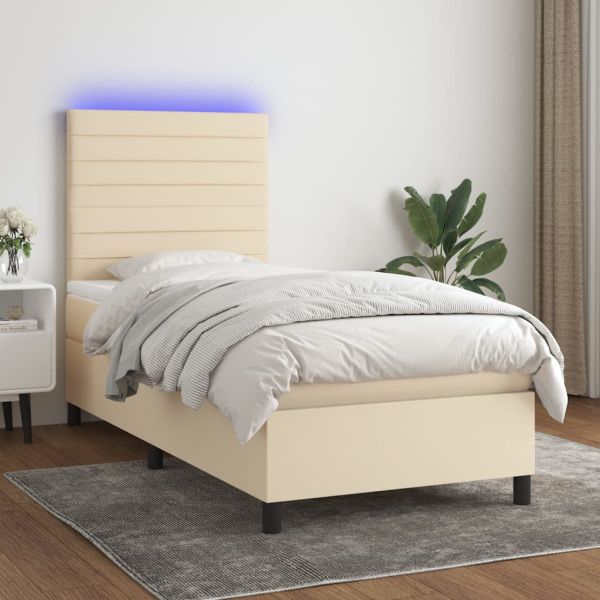 Боксспринг легло с матрак и LED, кремава, 90x200 см, плат