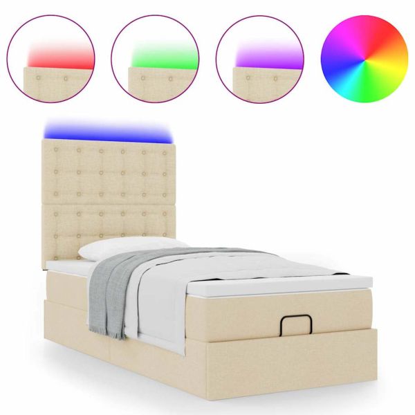 Османска легло с матрак и LED, кремаво, 90x200 см, плат