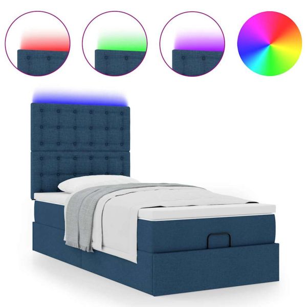 Османска легло с матрак и LED, синьо, 90x200 см, плат