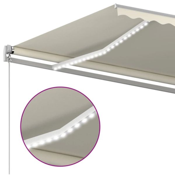 Ръчно прибиращ се сенник с LED, 600x350 см, кремав