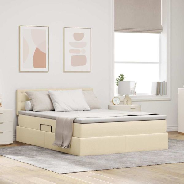 Легло с място за съхранение и LED Кремав 140 x 190 cm текстил