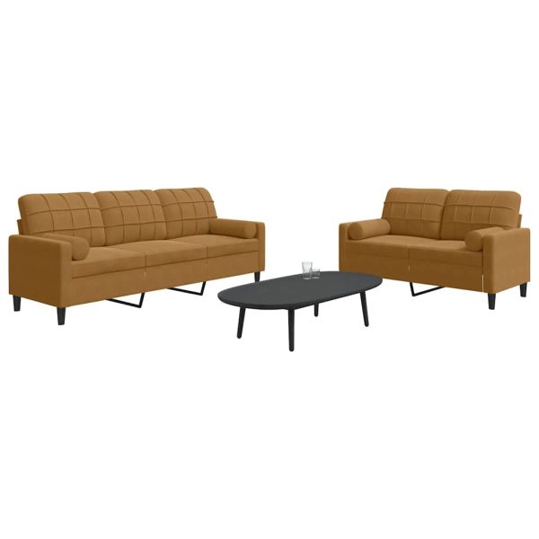 Мека мебел от 2 части с възглавници и болстери кафяв кадифе