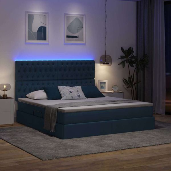 Легло с място за съхранение и LED Синьо 160 x 200 cm Полиестер