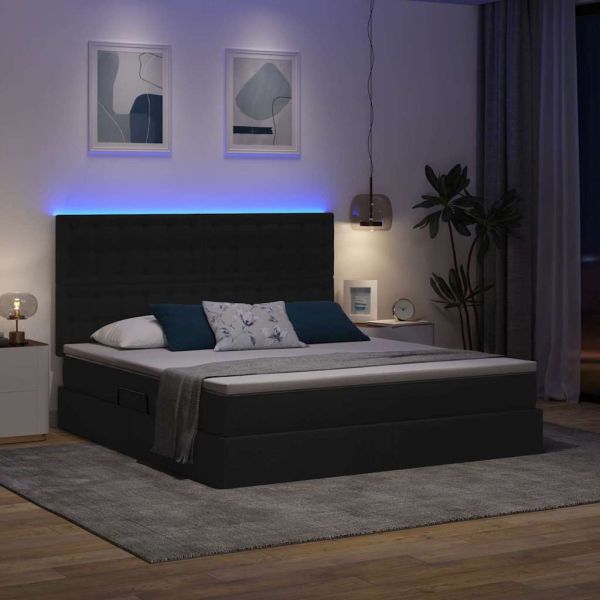 Легло с място за съхранение и LED Черно 160 x 200 cm Полиестер