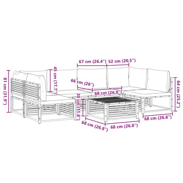 Градински комплект диван, 7 части, с възглавници, акация масив