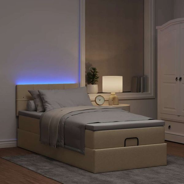 Османска легло с матрак и LED, кремаво, 90x200 см, плат