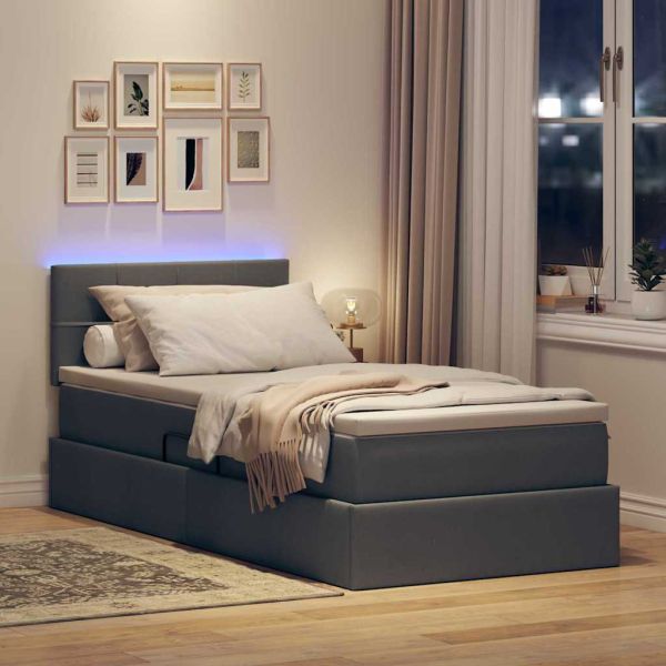 Легло с място за съхранение и LED Тъмен сив 90 x 190 cm текстил