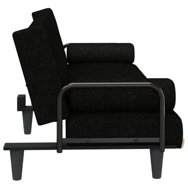 Разтегателен диван с подлакътници, черен, плат