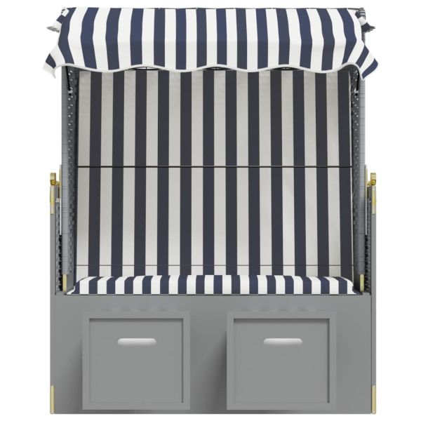 Strandkorb с навес, полиратан и масивно дърво, бяло и синьо