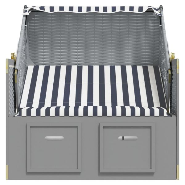 Strandkorb с навес, полиратан и масивно дърво, бяло и синьо