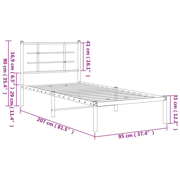 Метална рамка за легло с горна табла, бяла, 90x200 см