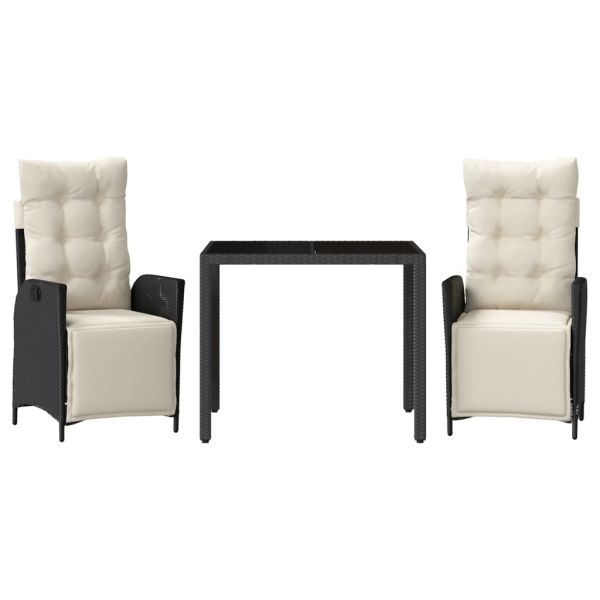 Градински комплект от 3 части с възглавници черни полиратан