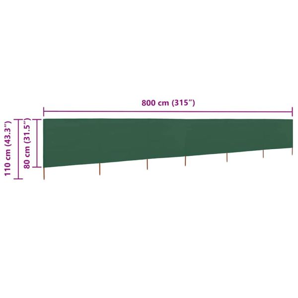 Параван против вятър от 6 панела, текстил, 800x80 см, зелен