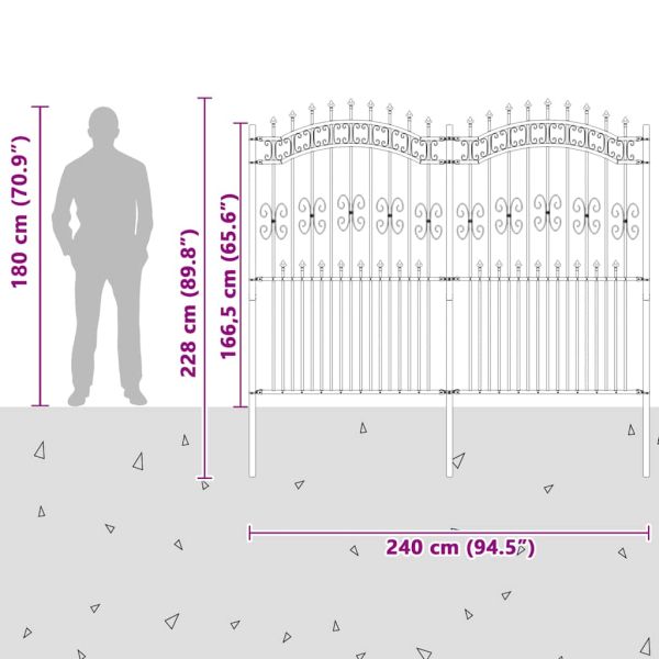 Градинска ограда Kampen с връх тип копие, черна, 240x175 см, стомана