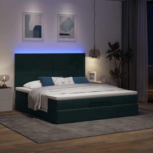 Османска легло с матраци и LED, тъмнозелено, 180x200 см, кадифе