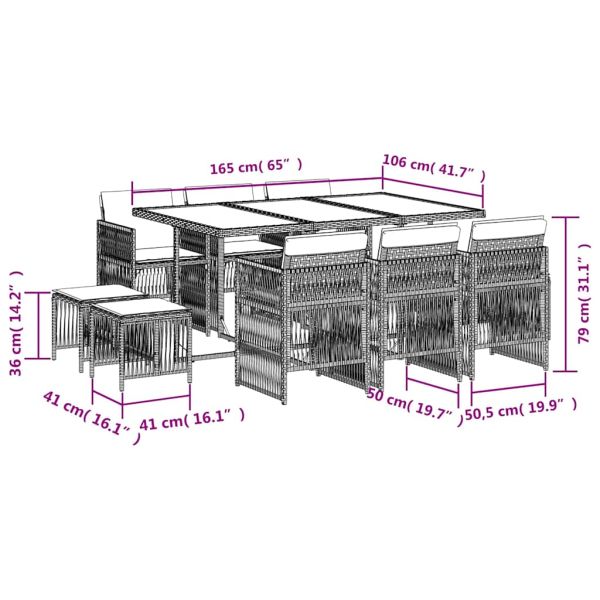 Градински комплект с възглавници, 11 части, бежов полиратан