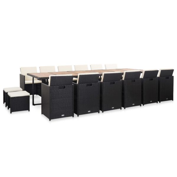 Градински комплект с възглавници, 17 части, черен полиратан