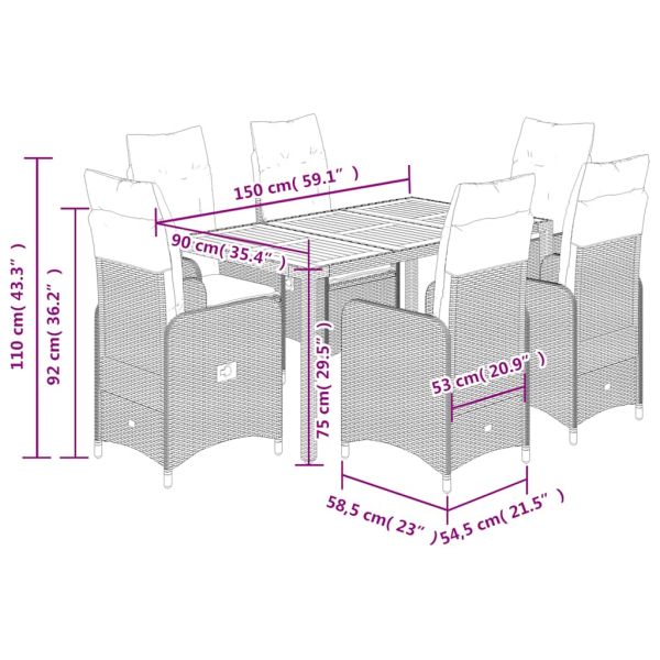 Градински бистро комплект с възглавници 7 части сив полиратан