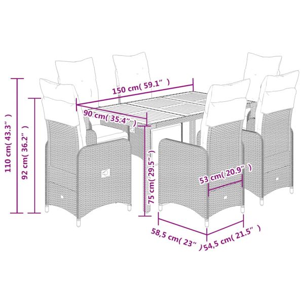 Градински бистро комплект с възглавници 7 части сив полиратан