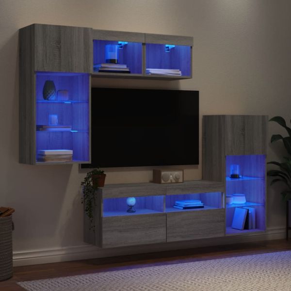 ТВ стенни модули с LED, 5 части, сив сонома, инженерно дърво