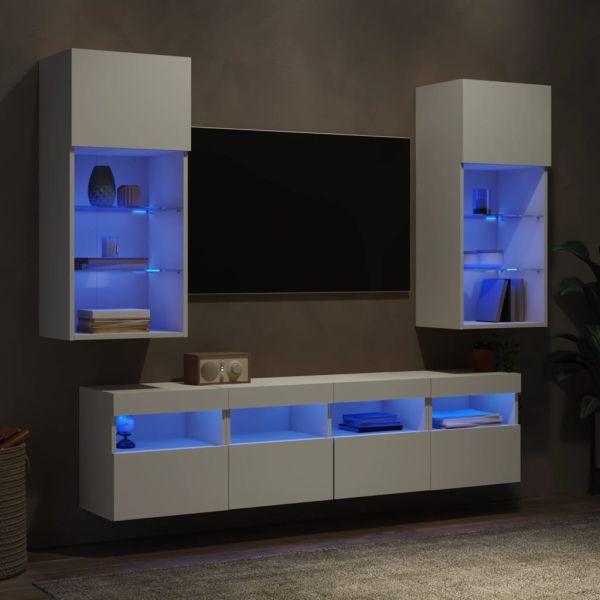 ТВ стенни модули с LED, 5 части, бели, инженерно дърво