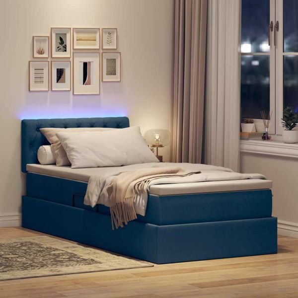 Легло с място за съхранение и LED Синьо 90 x 190 cm текстил