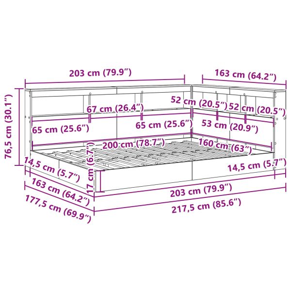 Легло с библиотека Опушен дъб 160 x 200 cm Инженерно дърво