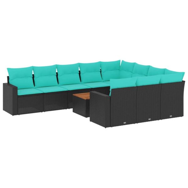 Градински комплект диван с възглавници 11 части черен полиратан