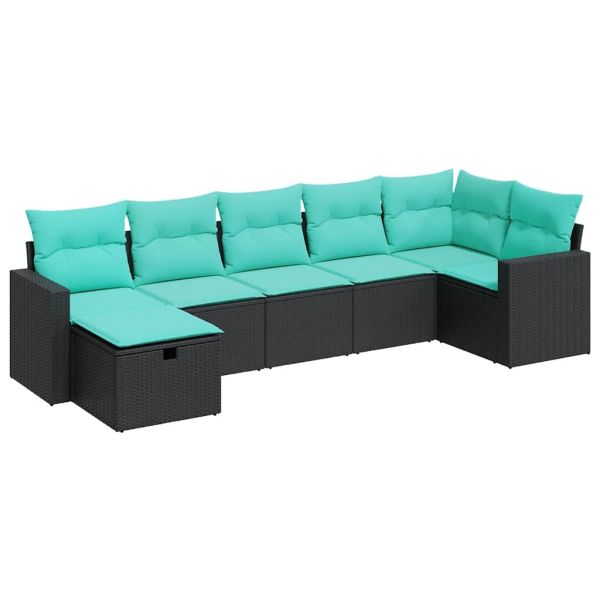 Градински комплект диван с възглавници 7 части черен полиратан