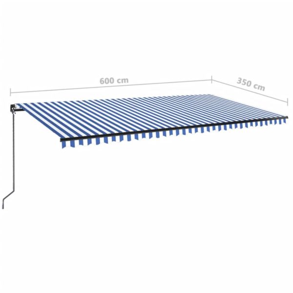 Ръчно прибиращ се сенник с LED, 600x350 см, синьо и бяло