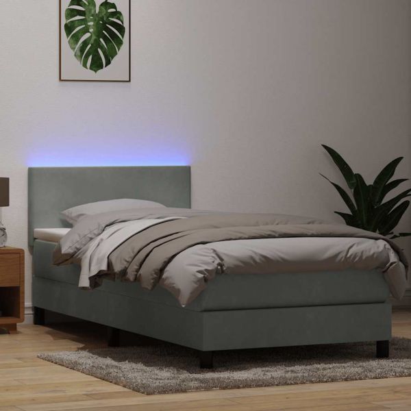 Боксспринг легло с матрак и LED, светлосиво, 90x210 см, кадифе