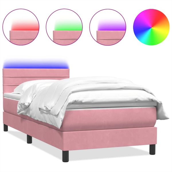 Боксспринг легло с матрак и LED, розово, 90x210 см, кадифе