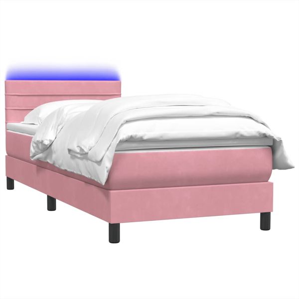 Боксспринг легло с матрак и LED, розово, 90x210 см, кадифе