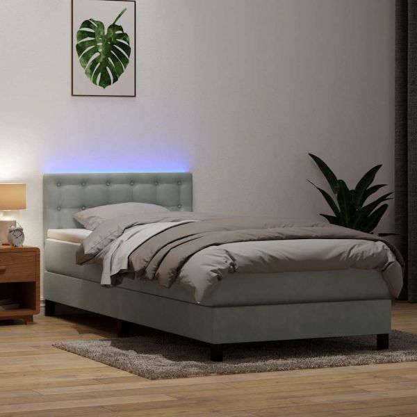 Боксспринг легло с матрак и LED, светлосиво, 90x210 см, кадифе