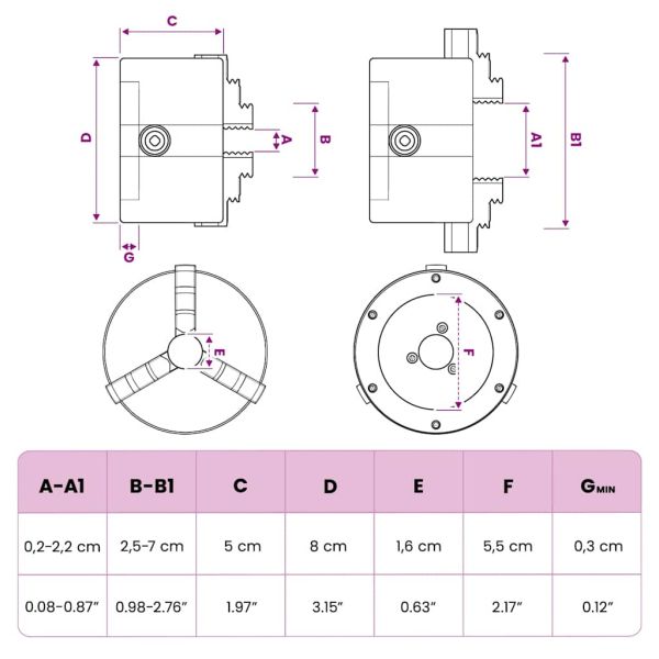 3-челюстен самоцентриращ патронник, 80 мм, стомана