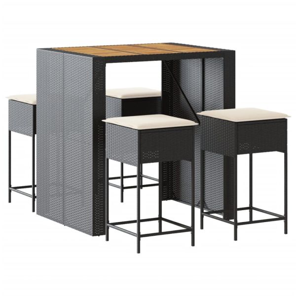 Градински бар комплект с възглавници 5 части черен полиратан