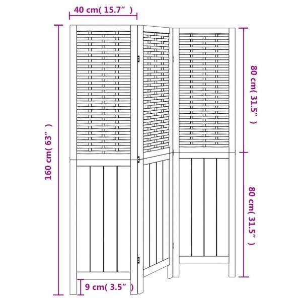 Разделител за стая, 3 панела, бял, дърво пауловния масив
