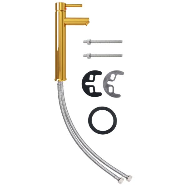 Мивка за баня с кран и сифон, златисто закалено стъкло