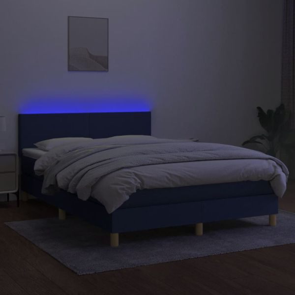 Боксспринг легло с матрак и LED, синьо, 140x200 см, плат