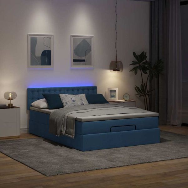 Османска легло с матрак и LED, синьо, 140x200 см, плат