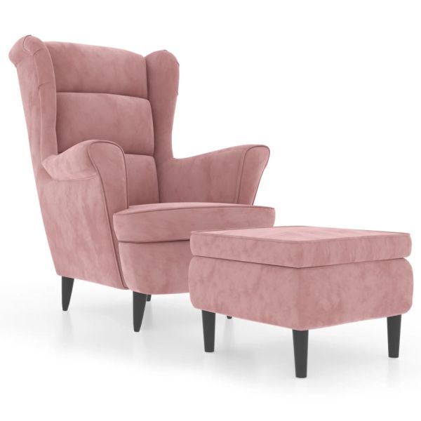 Фотьойл Wingback с табуретка, розова, кадифе