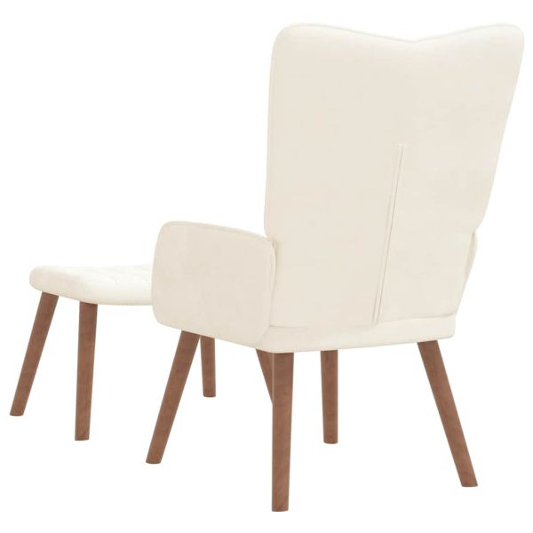 Релакс стол с табуретка, кремавобял, кадифе