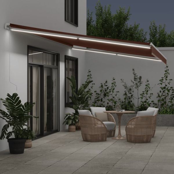 Ръчно прибираща се тента с LED, кафяв, 600x350 см