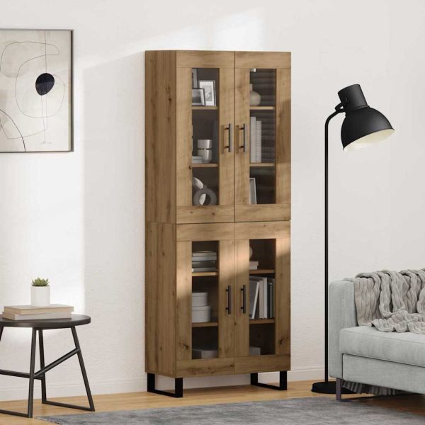 Висок шкаф 2 pcs Дъб Инженерна дървесина и стъкло